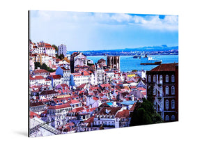 Glossy acrylic photo print featuring a colorful cityscape and ocean view.