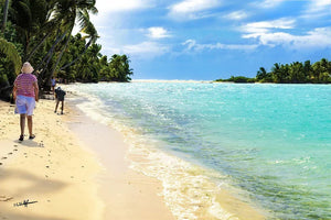 People walking on tropical beach with turquoise water, palm trees, and blue sky