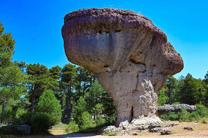 Large crown-shaped stone formation in a forest under a clear blue sky