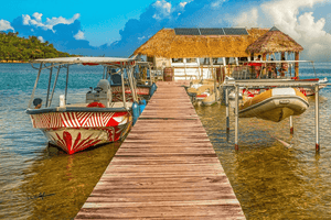 Tropical dock with boats, wooden pier, thatched-roof building, and clear blue water