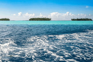 Tropical islands with palm trees in turquoise ocean under clear blue sky