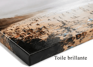 Glossy canvas print showing a busy beach scene with people and umbrellas, close-up angle.