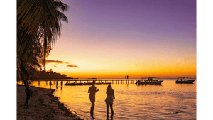 Tropical beach sunset with palm trees, people, pier, and boats on calm ocean water