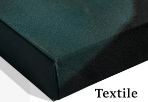 Close-up of stretched canvas print with dark textile texture and sharp edges