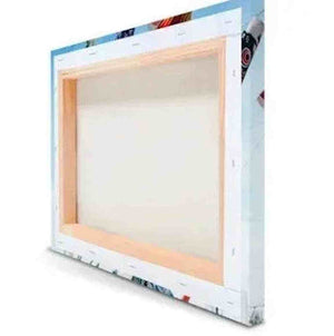 Back view of stretched canvas wall art with wooden frame and partial print visible on edges