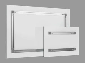 Two white aluminum photo panels with wall-mounting metal frames on a gray background