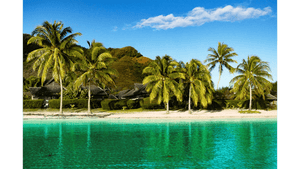 Tropical beach with palm trees, turquoise water, and bungalows under blue sky